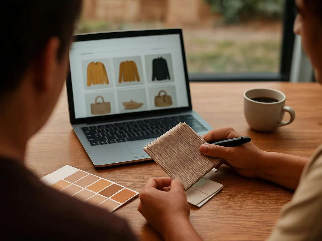 Two people compare fabric swatches and color samples beside a laptop showing clothing and bag images