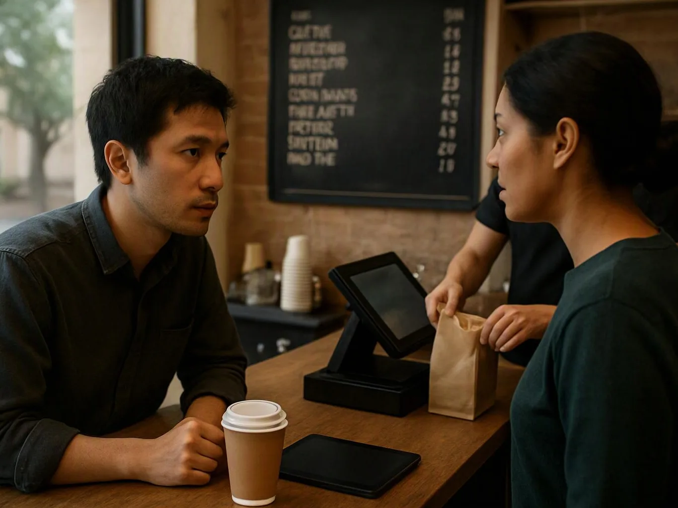 Two people face each other across a café counter while a worker hands over a paper bag and coffee cup