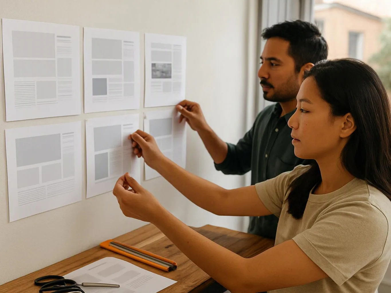 Two people pin paper layouts on a wall beside a wooden desk and window