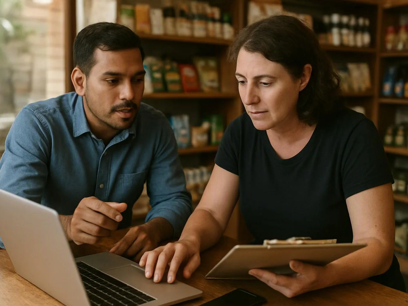 Two people review a laptop and clipboard at a wooden table in a shop with shelves behind them