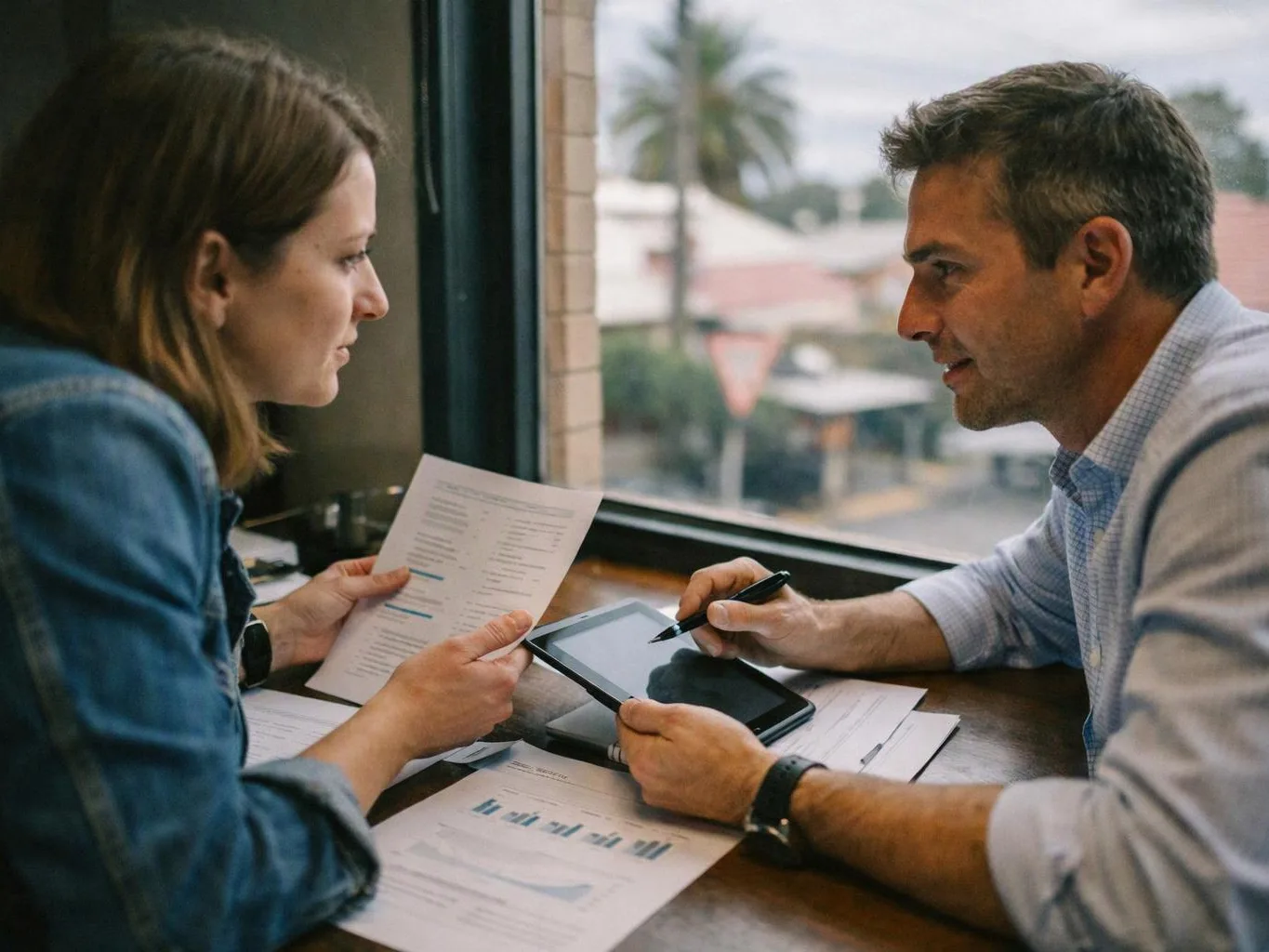 Two people review printed charts and a tablet while talking at a table by a window