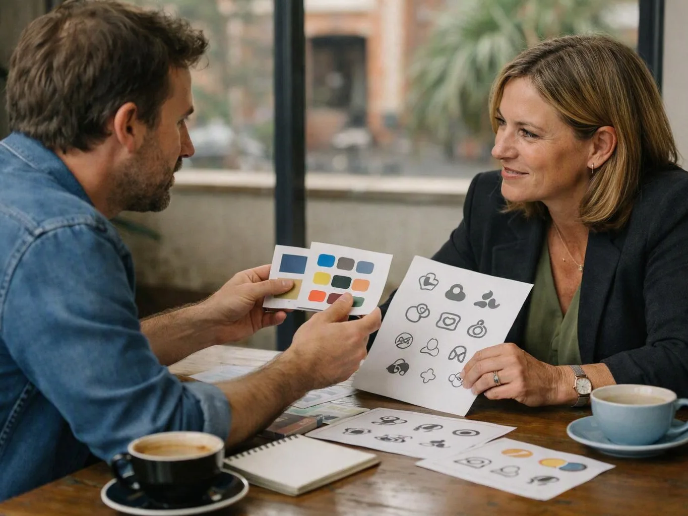 Two people sit at a café table, comparing logo sketches and colour cards over coffee