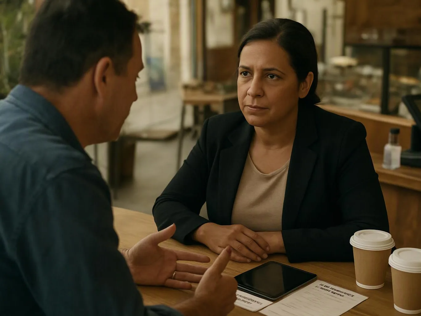Two people sit at a cafe table, talking across a phone, coffee cups, and papers