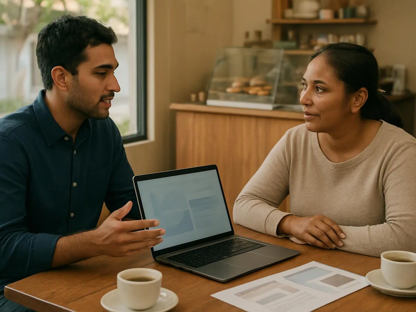Two people sit at a café table, talking over a laptop and printed papers with coffee cups nearby