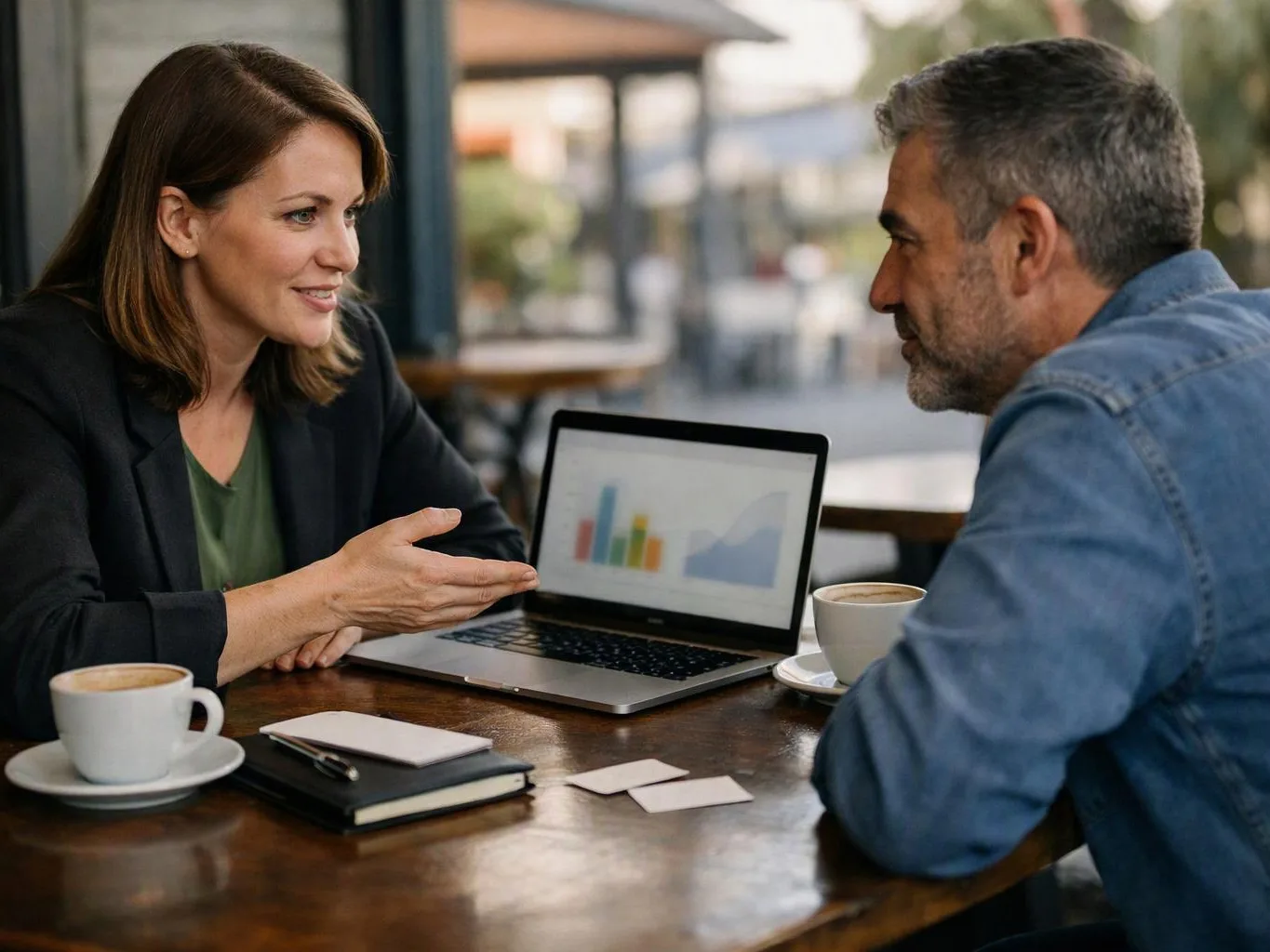 Two people sit at a café table, talking over a laptop with charts and two cups of coffee