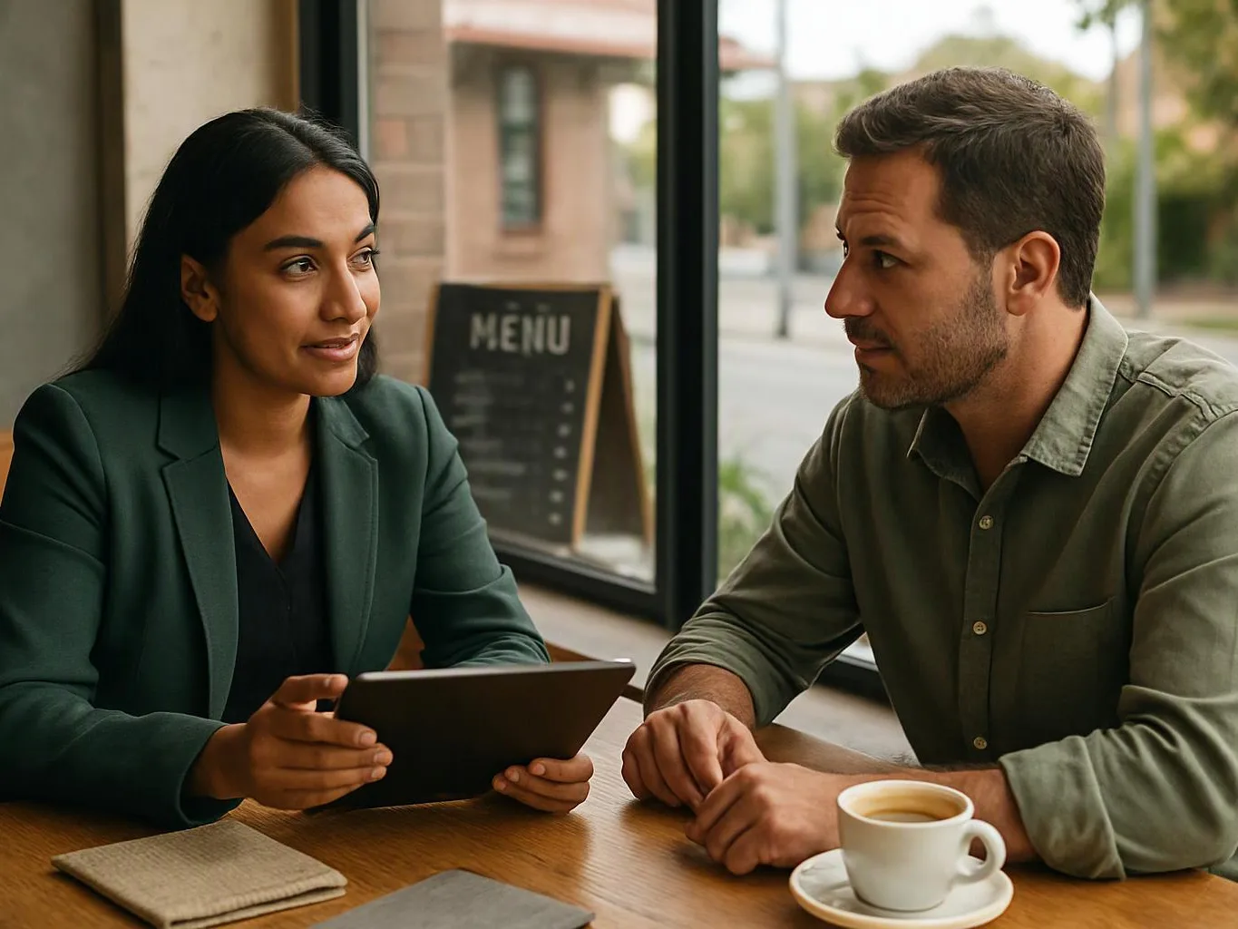 Two people sit at a cafe table, talking over a tablet beside a cup of coffee