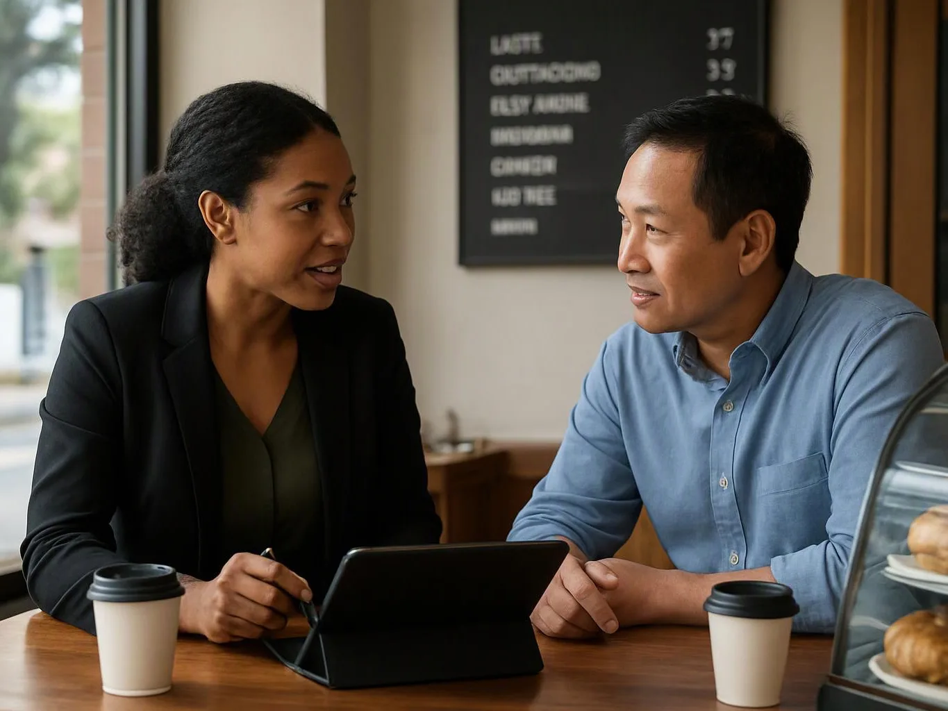Two people sit at a café table, talking over a tablet with takeaway cups and pastries nearby