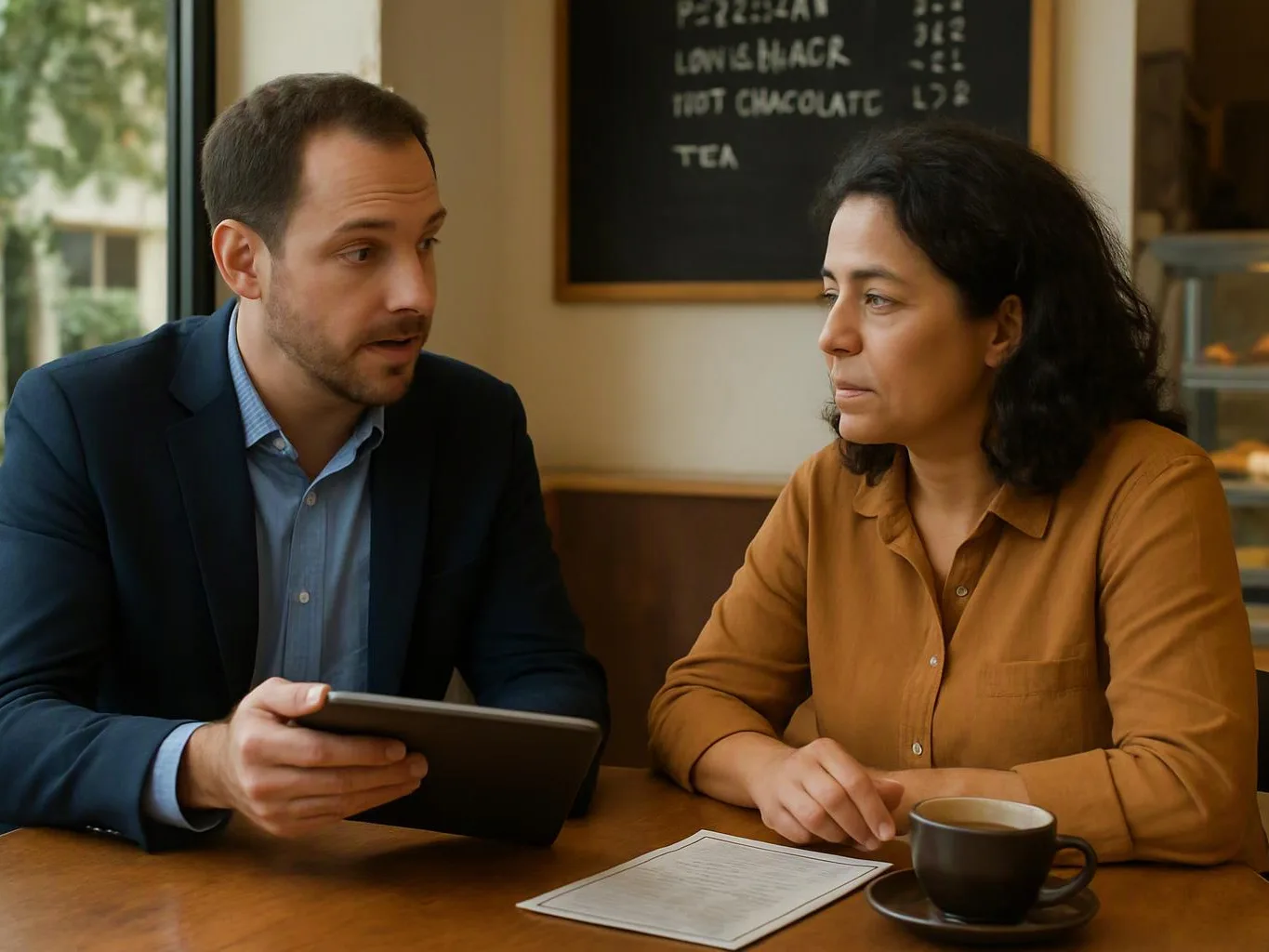 Two people sit at a café table, talking over a tablet, a menu, and a cup of coffee