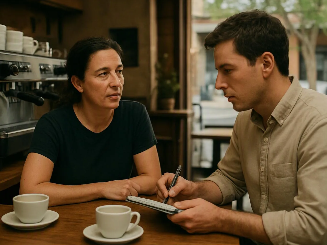 Two people sit at a café table while a man writes in a notebook and a woman watches him attentively