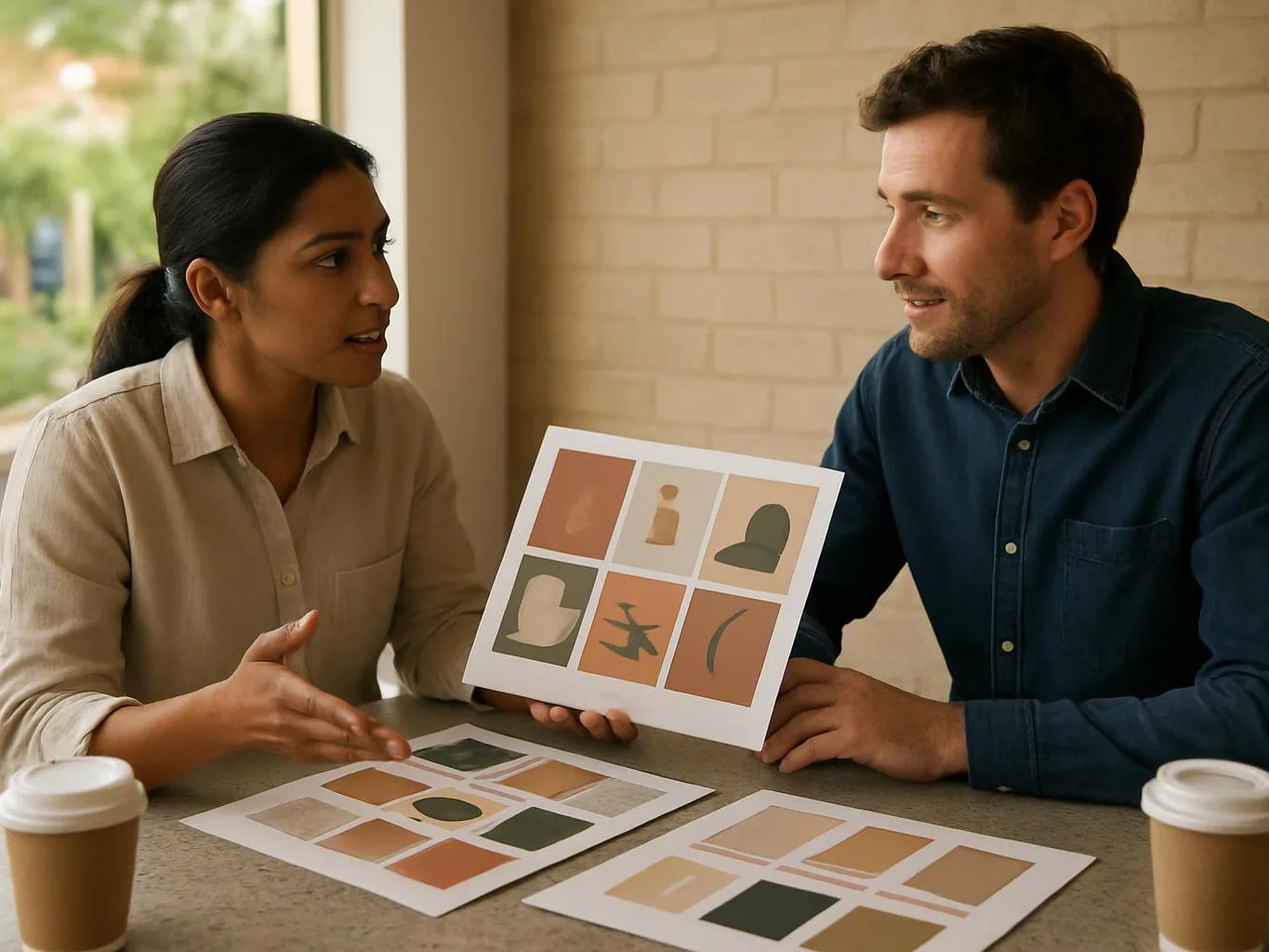 Two people sit at a table discussing printed colour and shape design sheets in a bright room