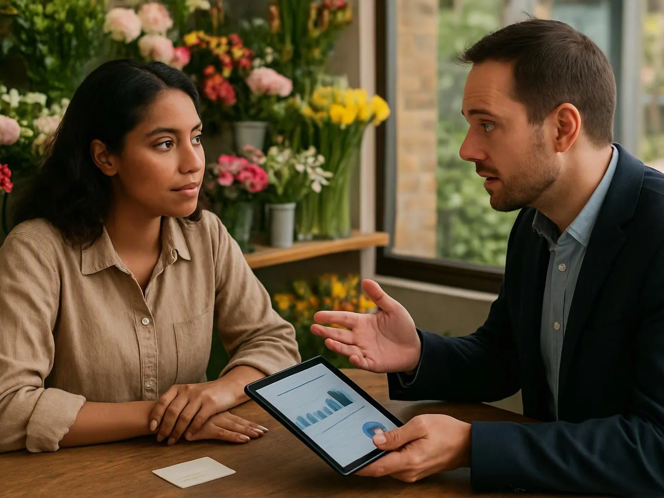 Two people sit at a table in a flower shop, talking over a tablet showing a chart
