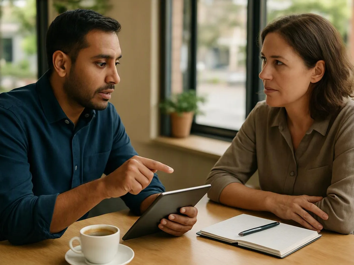 Two people sit at a table, looking at a tablet during a focused discussion in a bright room