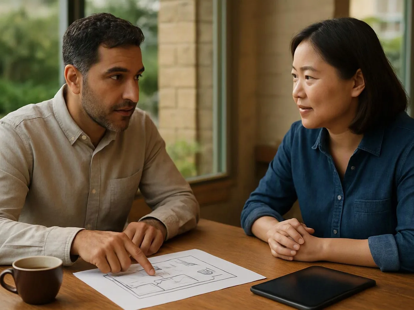 Two people sit at a table, studying a paper sketch and talking beside a tablet and coffee cup