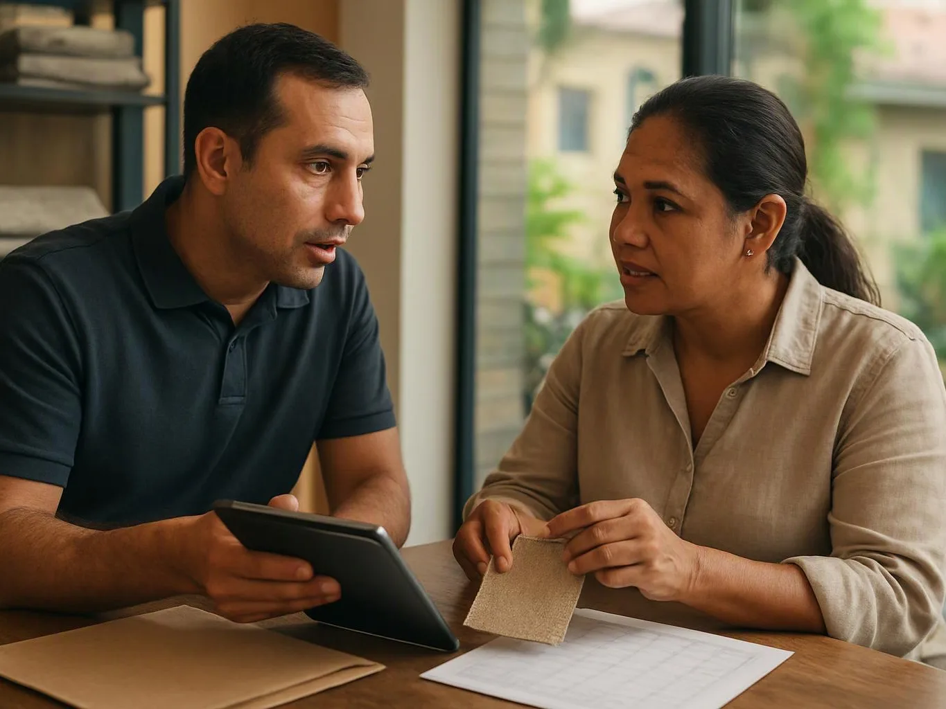Two people sit at a table, talking over a tablet, papers, and a fabric swatch near a window