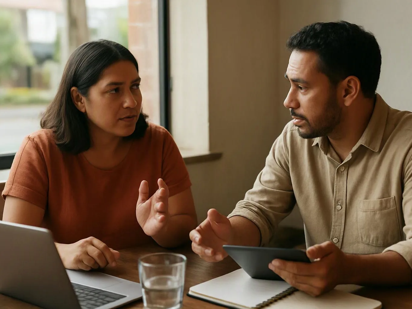Two people sit at a table, talking while looking at a tablet and laptop in a bright room