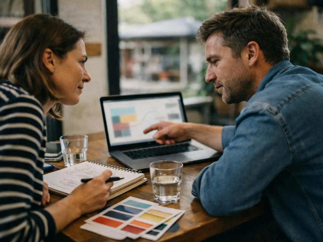 Two people sit at a wooden table, looking at a laptop and sketching beside color swatches and water glasses