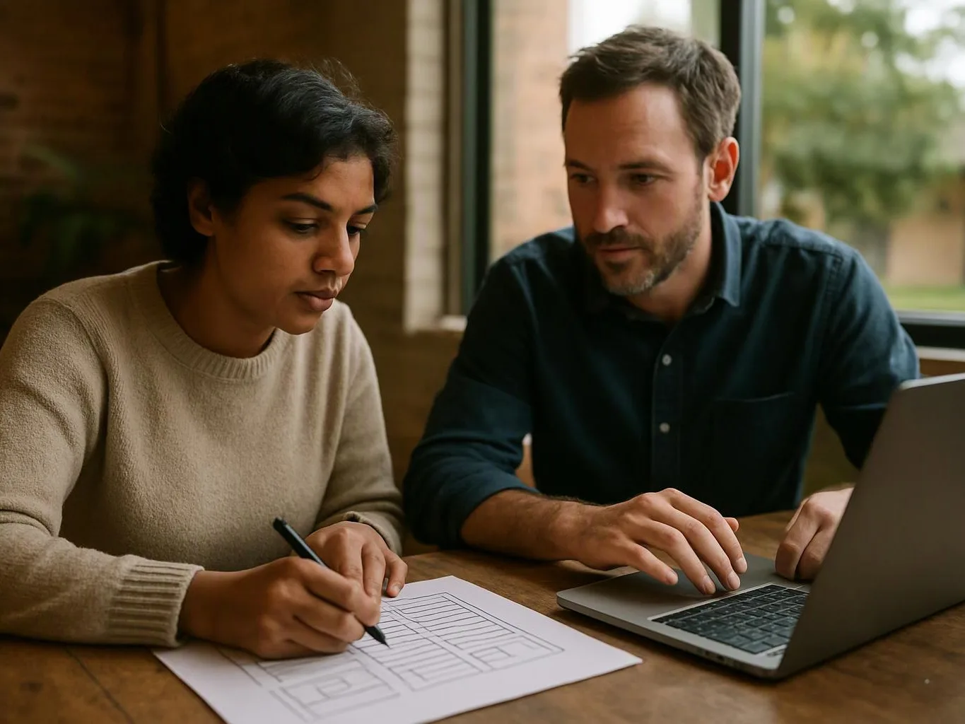 Two people sit at a wooden table, one sketching on paper while the other works on a laptop near a window
