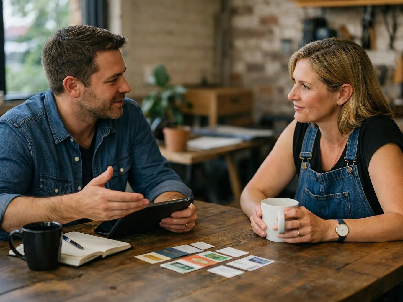 Two people sit at a wooden table, talking over a tablet, notebook, cards, and coffee mugs in a cozy room