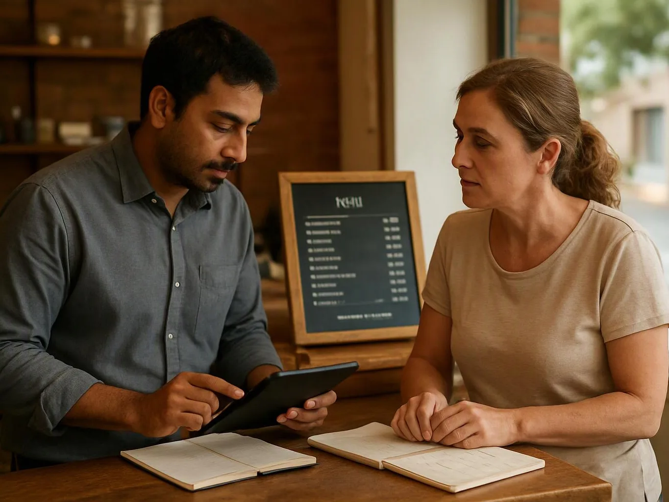 Two people stand at a wooden counter, one checking a tablet while the other watches beside open notebooks in a cafe