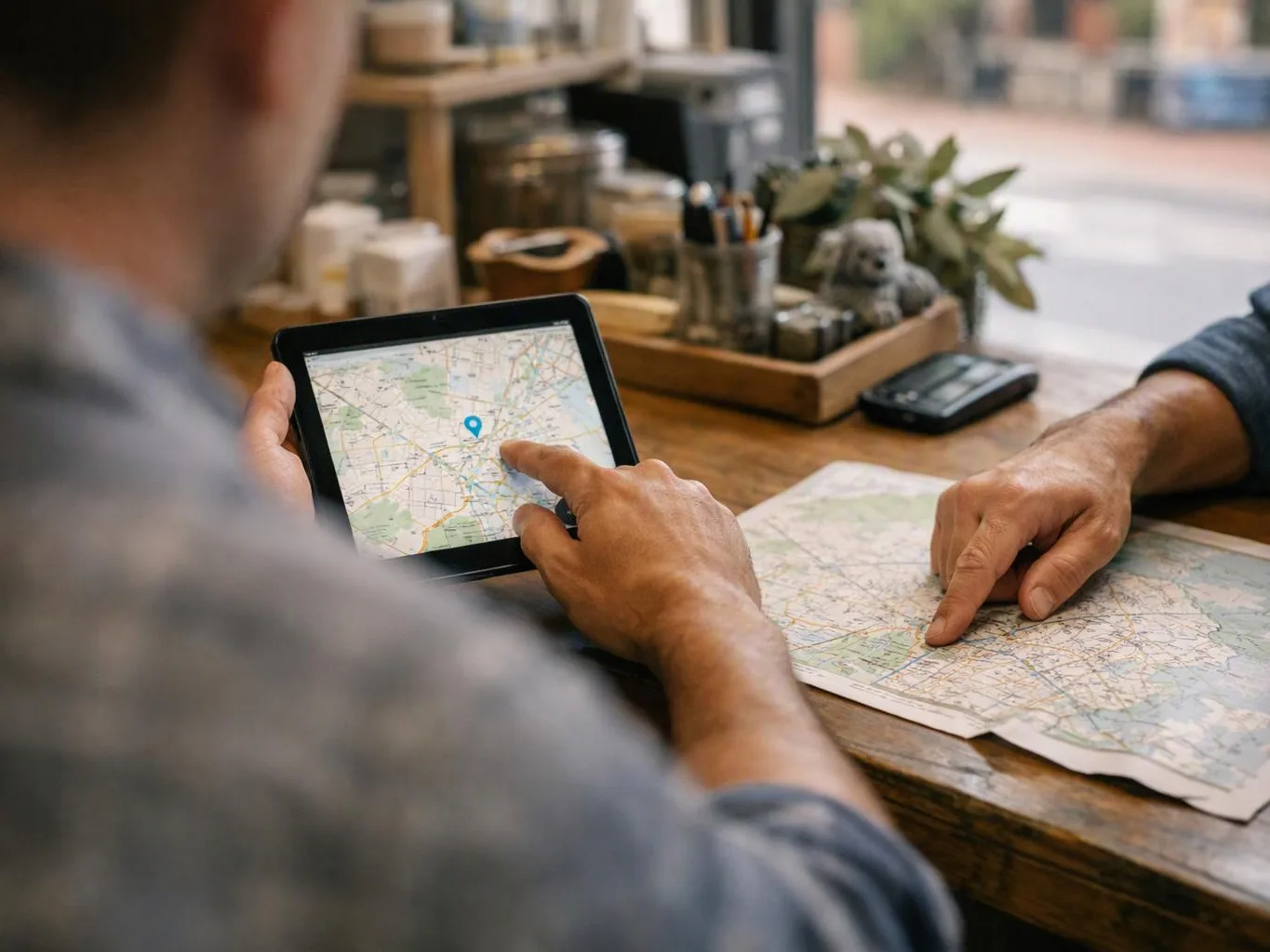 Two people study a map on a tablet and paper at a wooden table