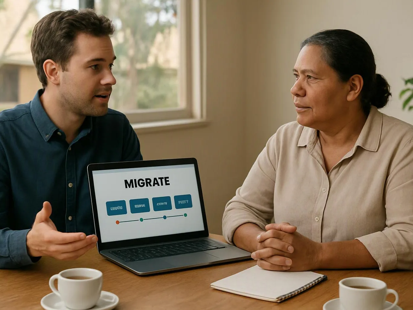 Two people talk across a table with a laptop showing “MIGRATE” in a bright room