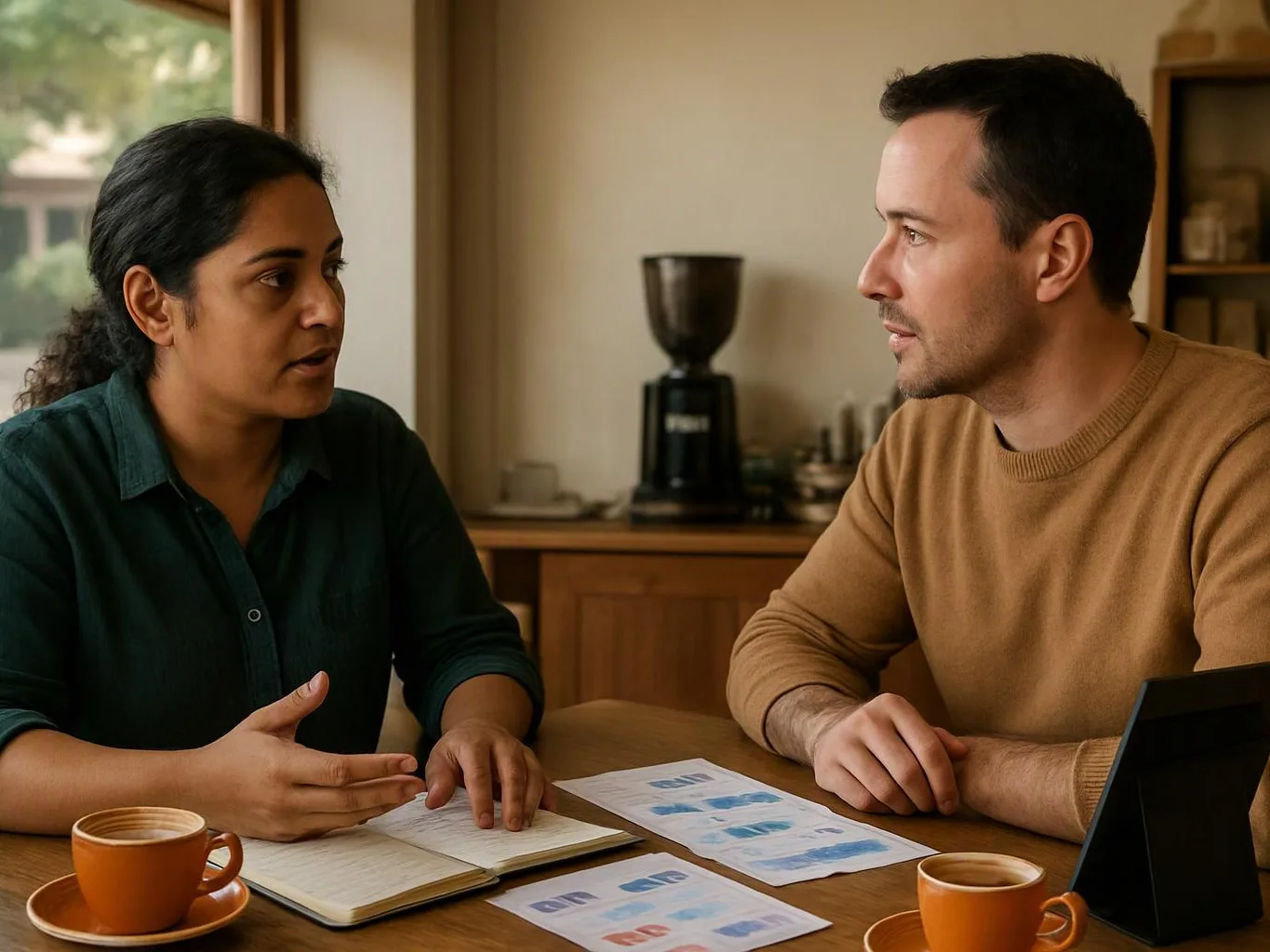 Two people talk across a wooden table with notebooks, coffee cups, and printed charts in a warm room