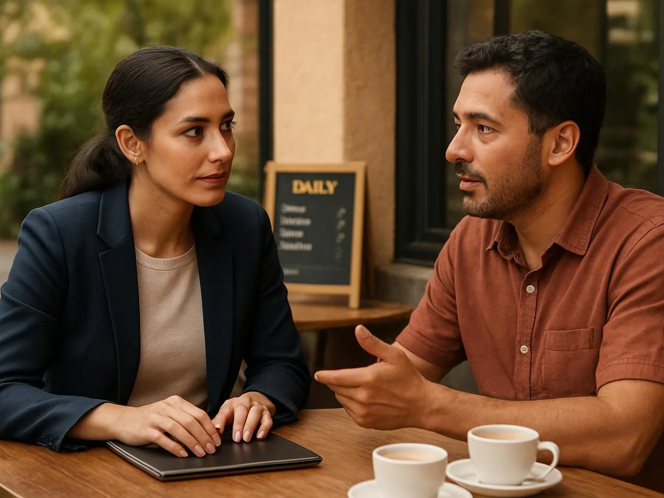 Two people talk at a café table, with a notebook, coffee cups, and a small menu board behind them