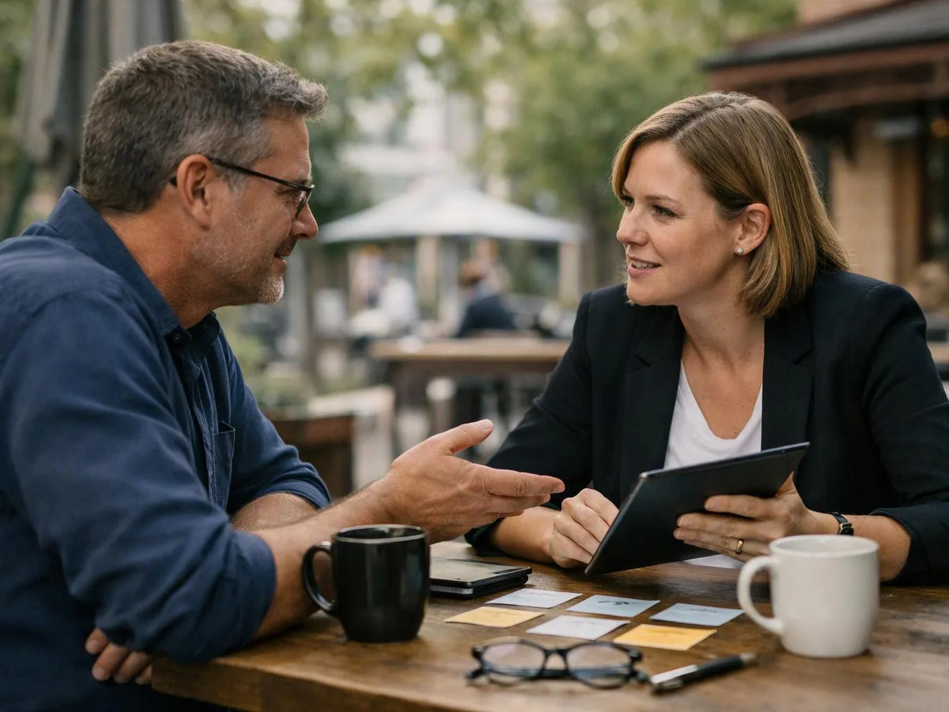 Two people talk at an outdoor table, one holding a tablet, with coffee mugs and notes on the table
