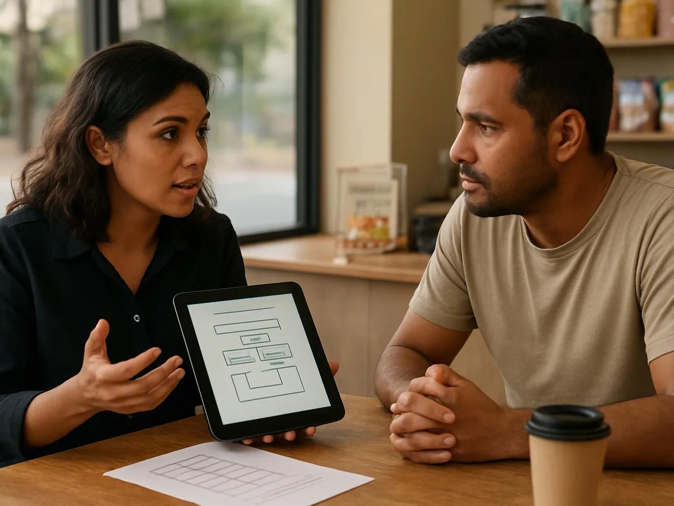 Two people talk at a table, while one holds up a tablet showing a simple wireframe diagram