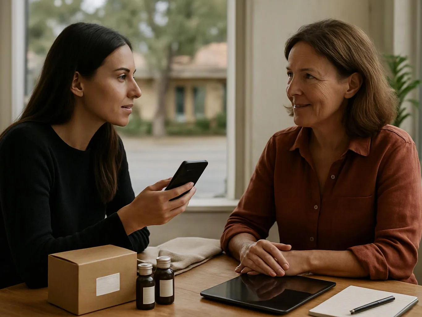 Two women sit at a table, one holding a phone and the other smiling beside a tablet, bottles, and a box in a bright room