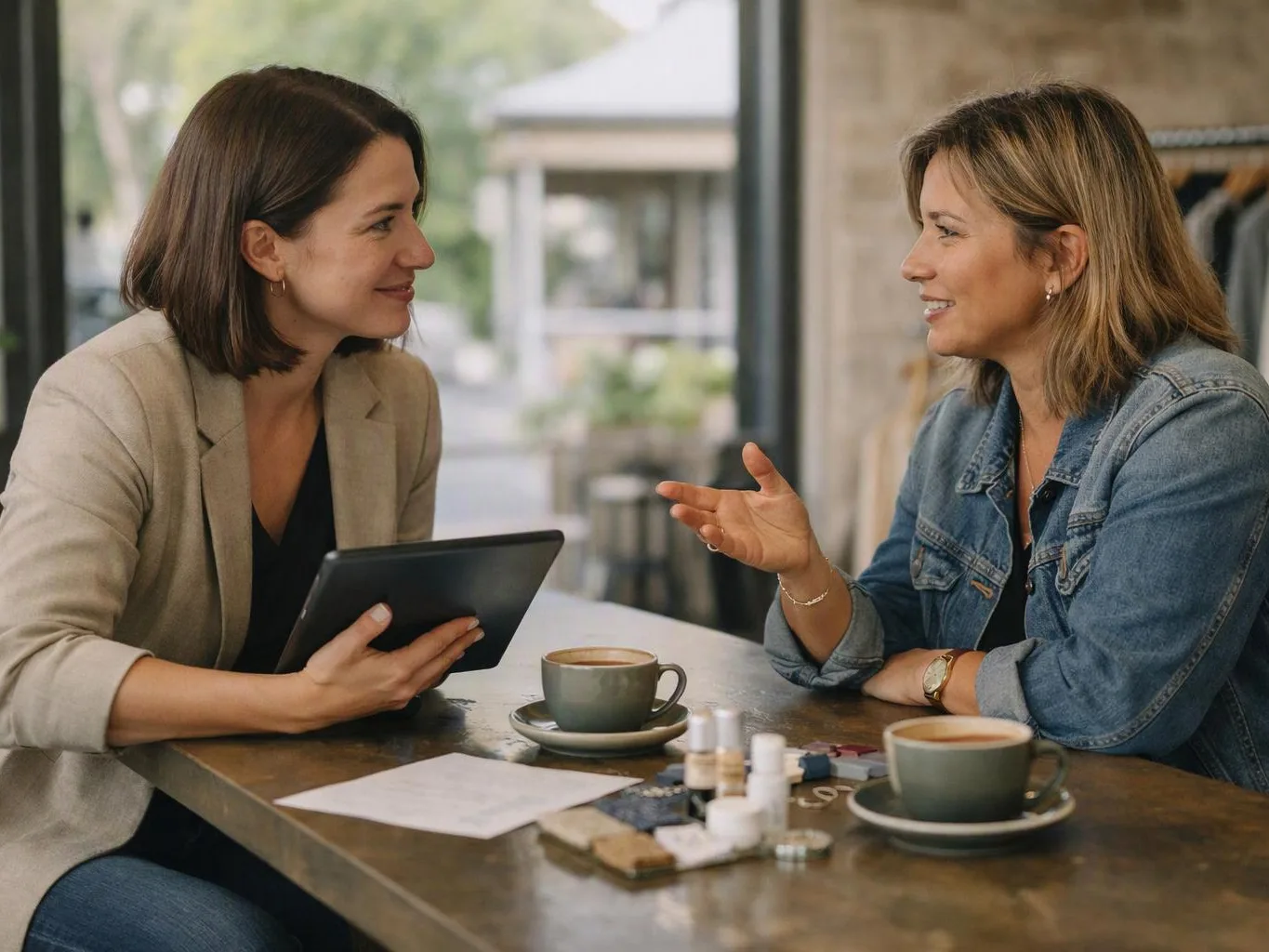 Two women talk across a table, with coffee cups, papers, and a tablet in a bright cafe