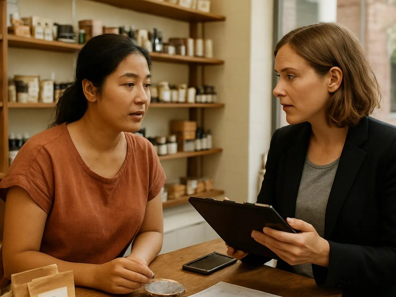 Two women talk across a wooden counter, one holding a tablet in a small shop with shelves of jars behind them