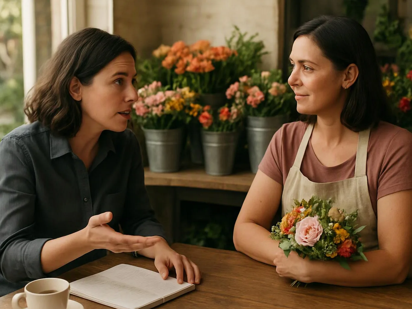 Two women talk at a wooden table, one gesturing beside a notebook while the other holds a bouquet in a flower shop