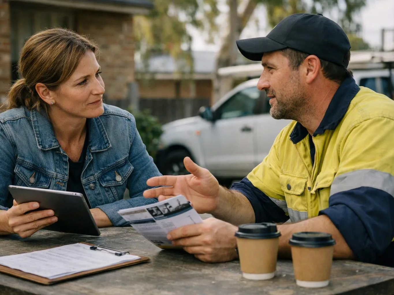 Two workers talk at a table outdoors, one holding a tablet and the other a paper leaflet