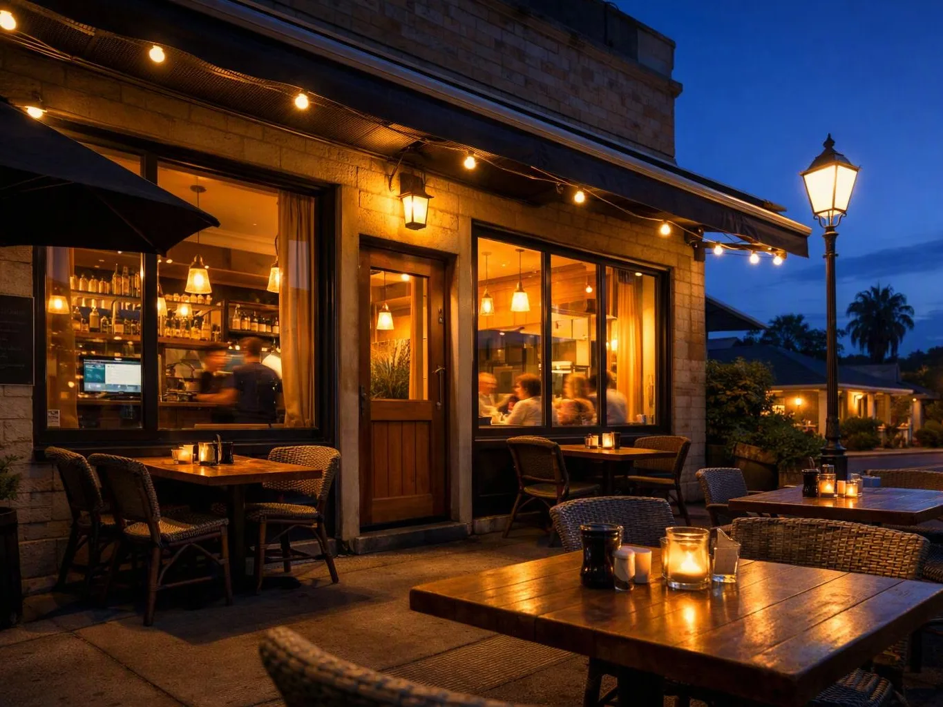 A warmly lit outdoor restaurant patio with empty tables, glowing string lights, and blurred diners inside at dusk