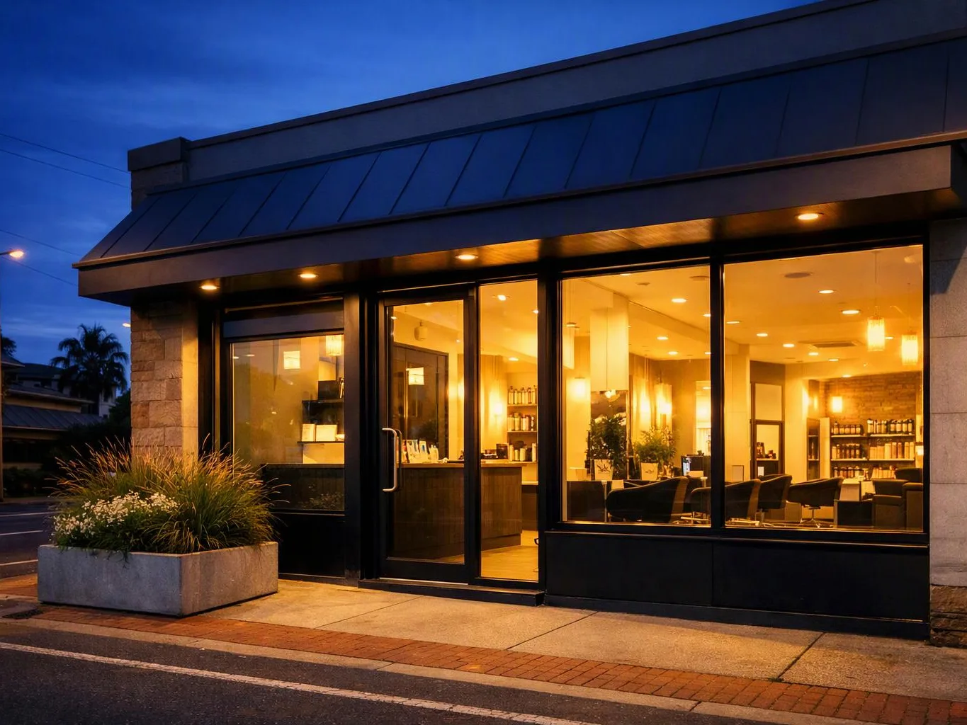 A warmly lit storefront with large windows shows empty chairs, shelves, and a glass door at dusk