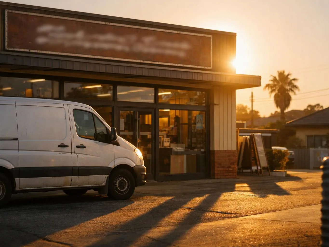A white cargo van sits outside a small storefront at sunset with long shadows across the pavement