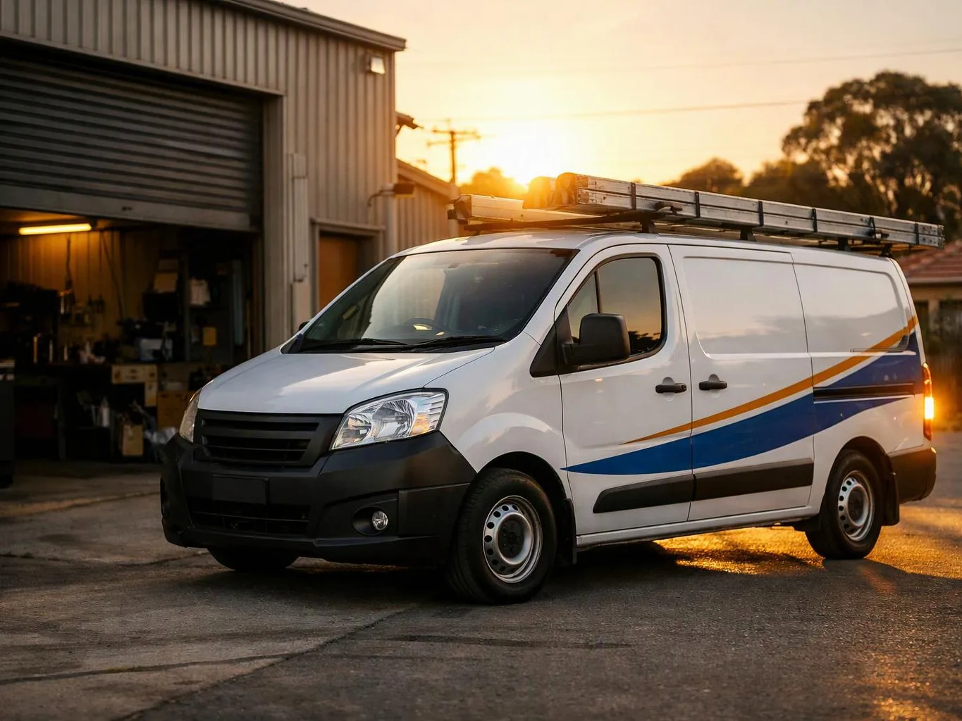 White work van with a roof ladder parked outside an open garage at sunset