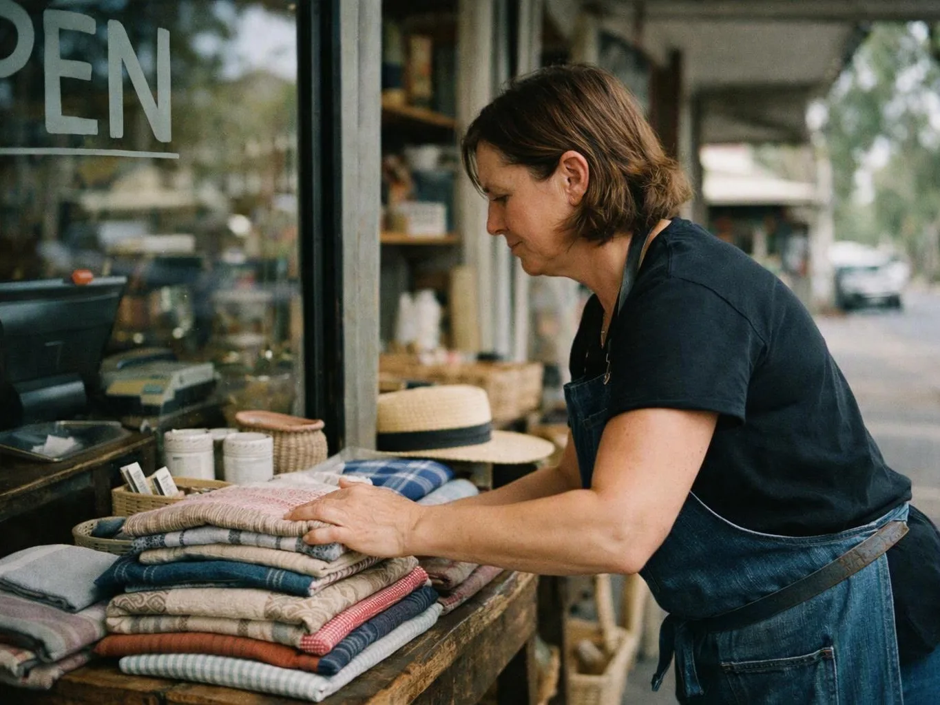 A woman in an apron arranges folded fabric on a table outside a shop window