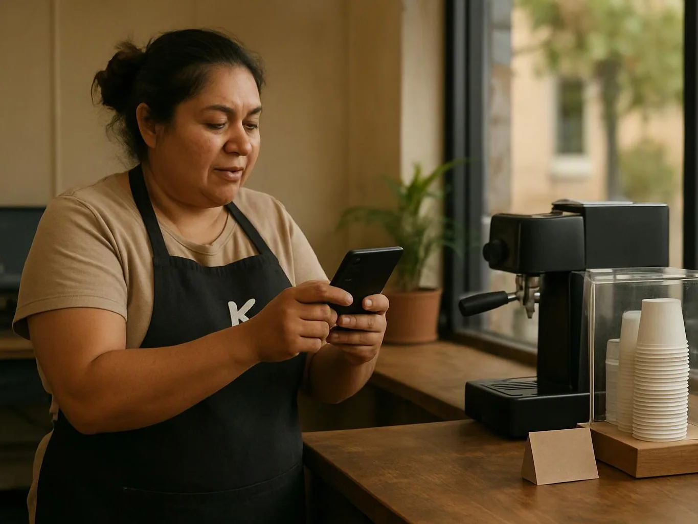 A woman in an apron checks a smartphone beside an espresso machine and stacked cups in a cafe
