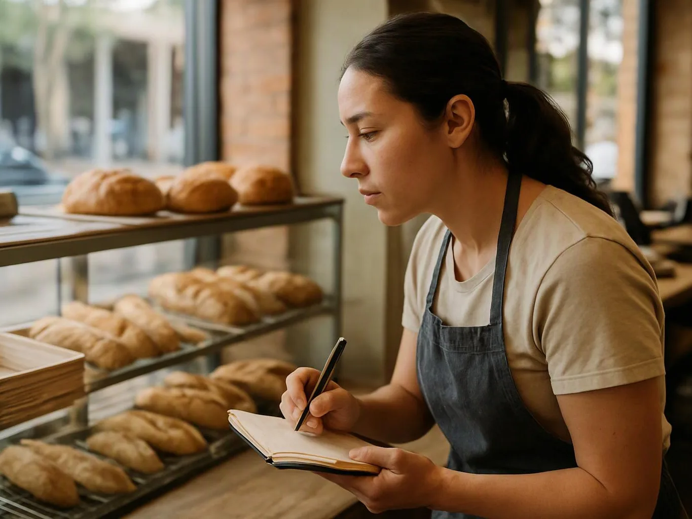 A woman in an apron writes in a notebook beside shelves of fresh bread in a bakery