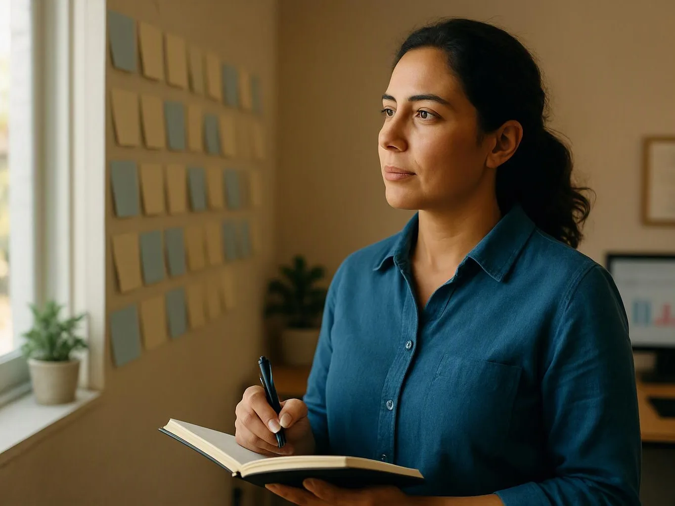 A woman in a blue shirt writes in a notebook beside a window with sticky notes on the wall