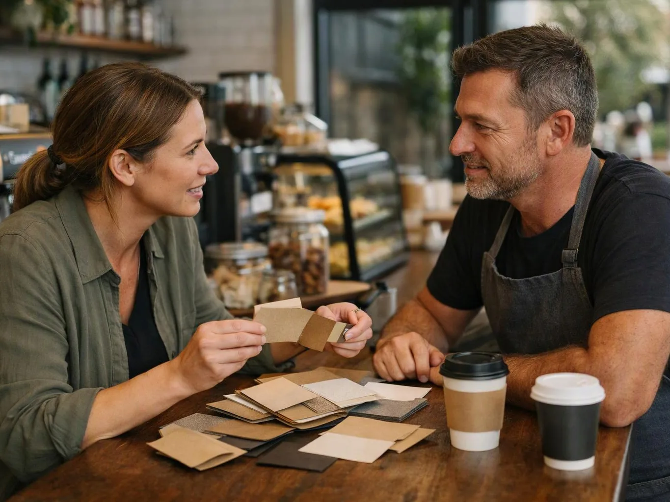 A woman and man smile at a café table while sorting small paper sample cards and holding coffee cups