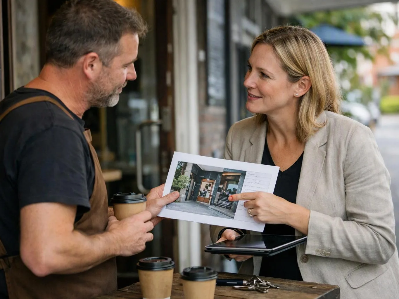 A woman shows a printed storefront photo to a man beside a café table with coffee cups and a tablet