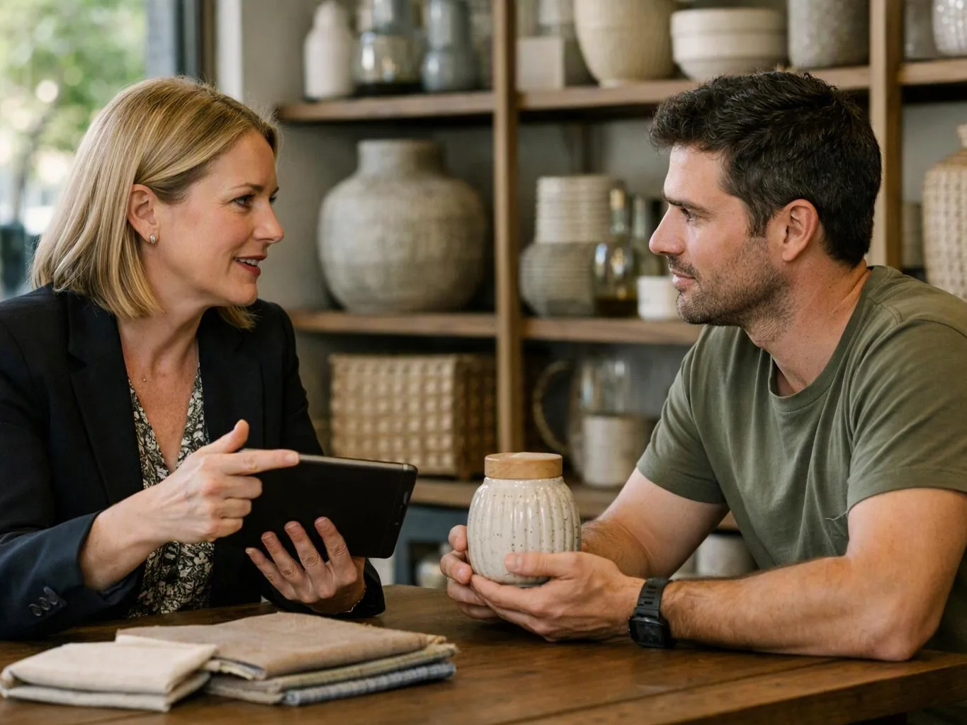 A woman shows a tablet to a man holding a ceramic jar at a wooden table in a shop-like room