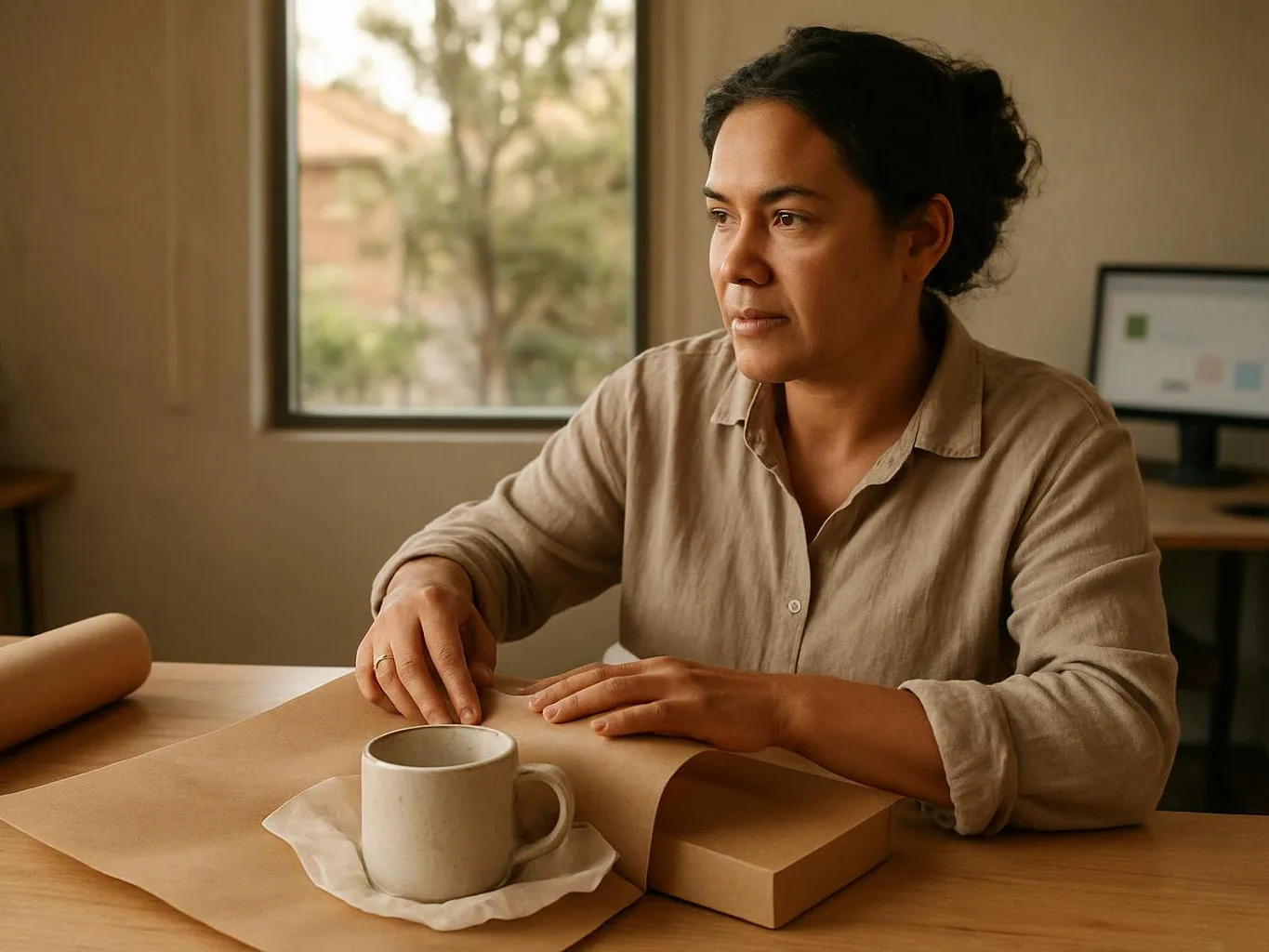A woman sits at a table, wrapping a box with brown paper beside a mug and window light