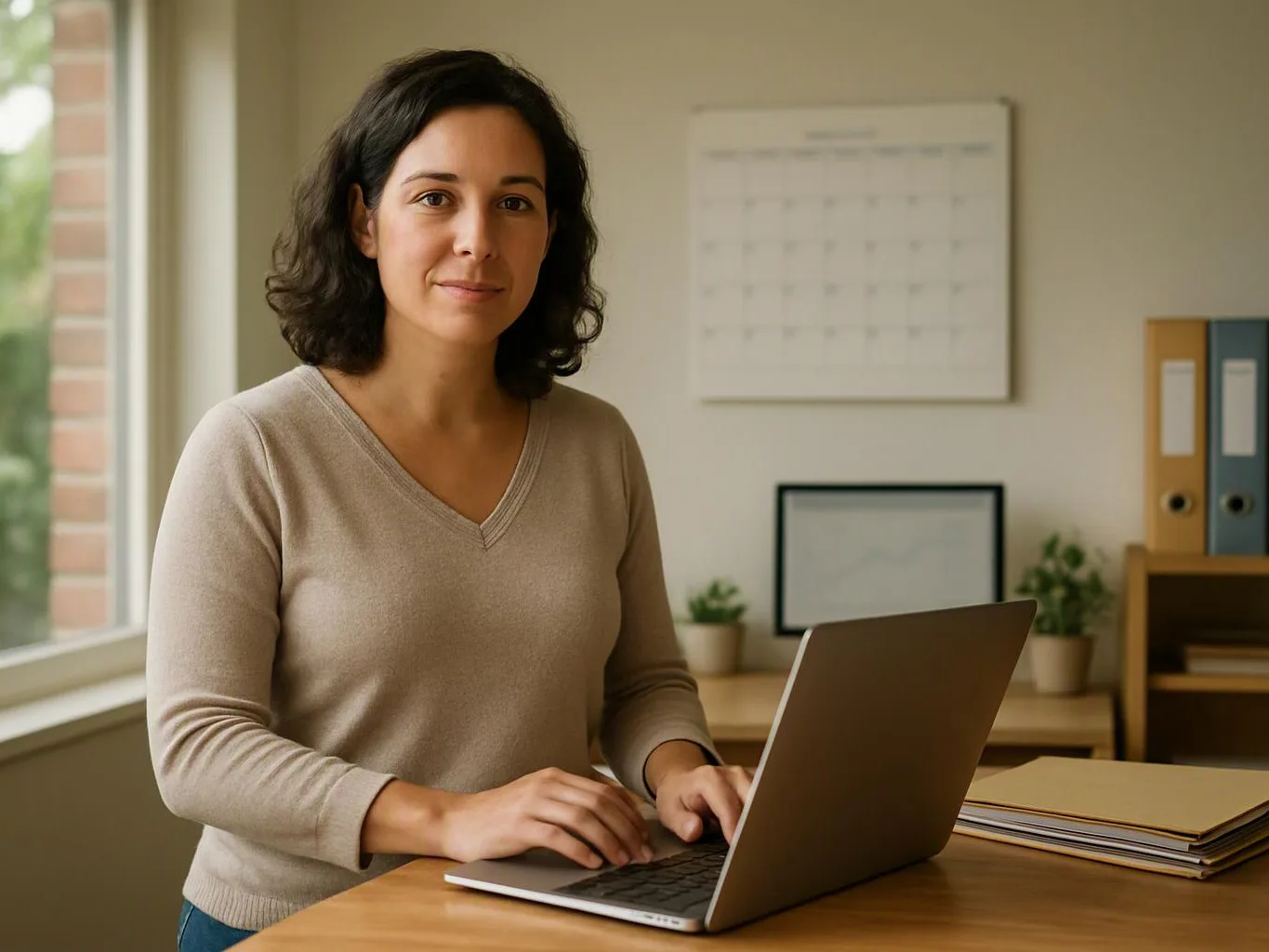 A woman stands at a desk typing on a laptop in a bright office with shelves, folders, and a wall calendar