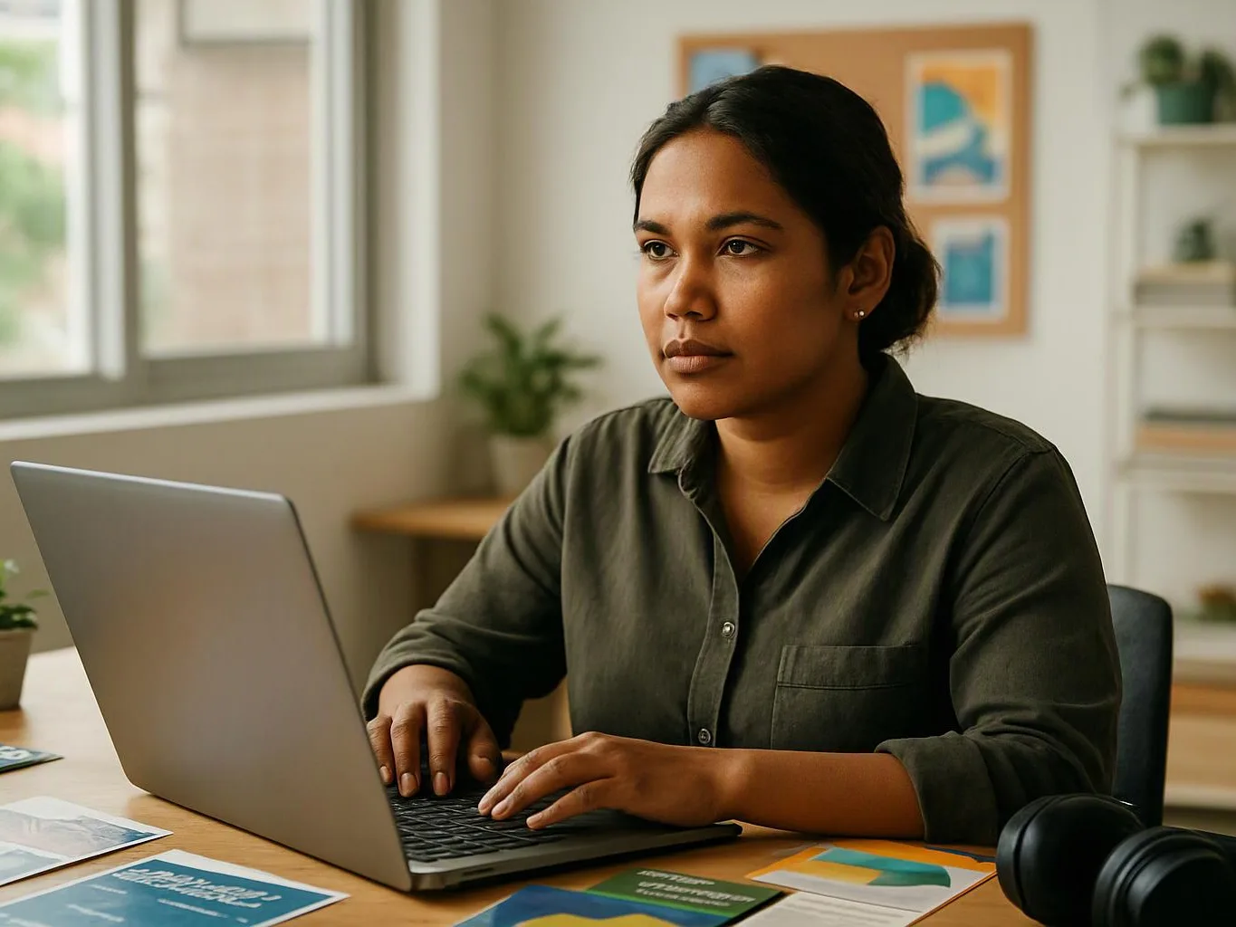 A woman types on a laptop at a desk in a bright home office with papers and headphones nearby