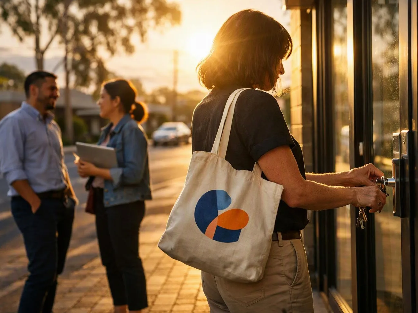 Woman unlocks a glass door at sunset, carrying a tote bag with a blue and orange logo