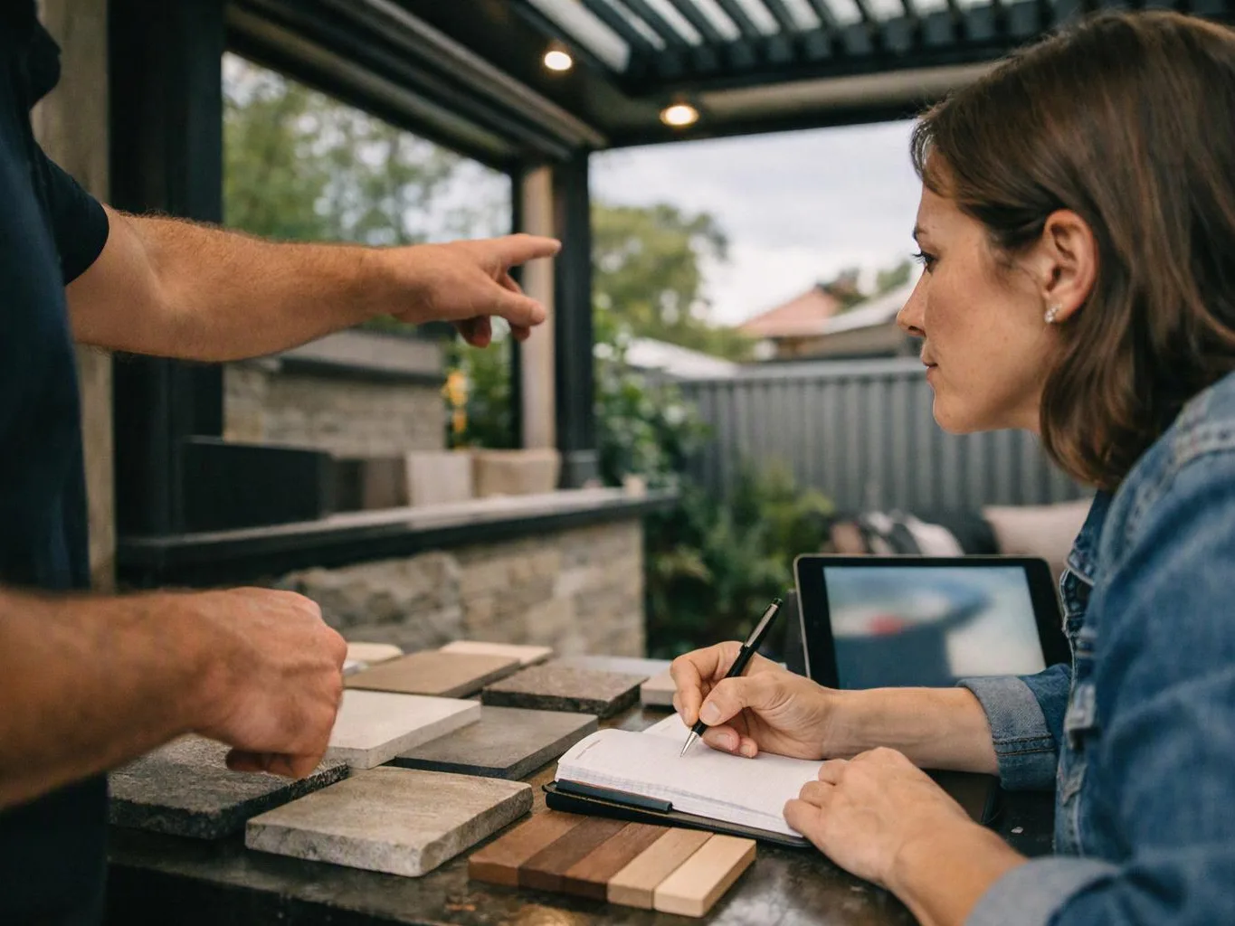 A woman writes in a notebook while a man points at stone and wood samples on a patio table